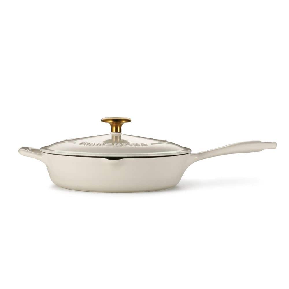 10 in. Enameled Covered Cast Iron Skillet With Lid-Latte with Gold Knob - Hercitys