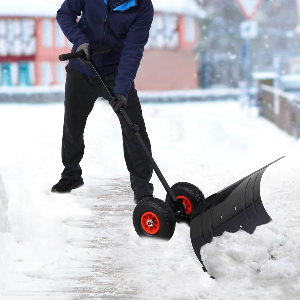 29 in. Adjustable Angle Rubber Handle Steel Blade Snow Shovel with Wheels, Snow Pusher, Snow Removal Tool, Black - Hercitys