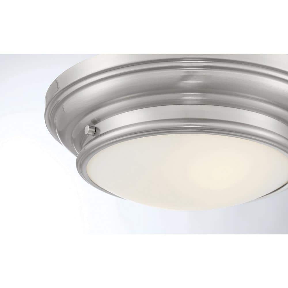 13 in. W x 4.50 in. H 2-Light Brushed Nickel Flush Mount Light with White Glass Round Shade - Hercitys