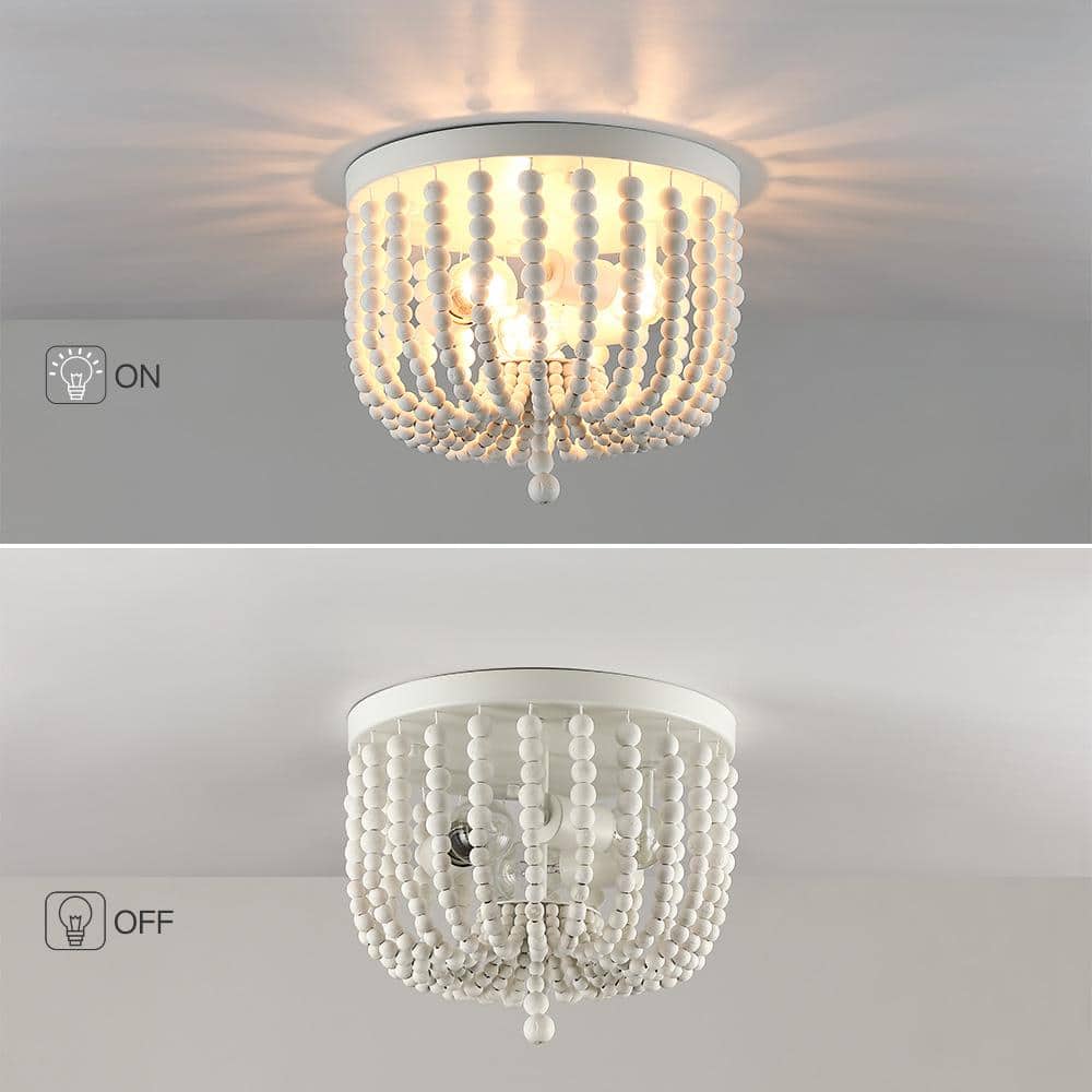 12.6 in. 3-Light Bohemia Antique White Wood Beaded Flush Mount Ceiling Light - Hercitys