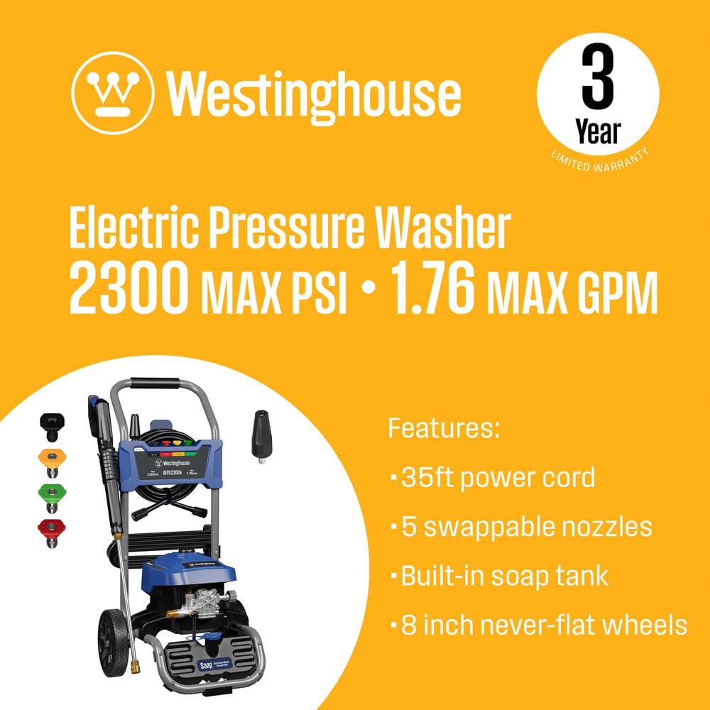 2300 PSI 1.76 GPM 13 Amp Cold Water Electric Powered Pressure Washer with Turbo Nozzle and 5-Quick Connect Tips - Hercitys