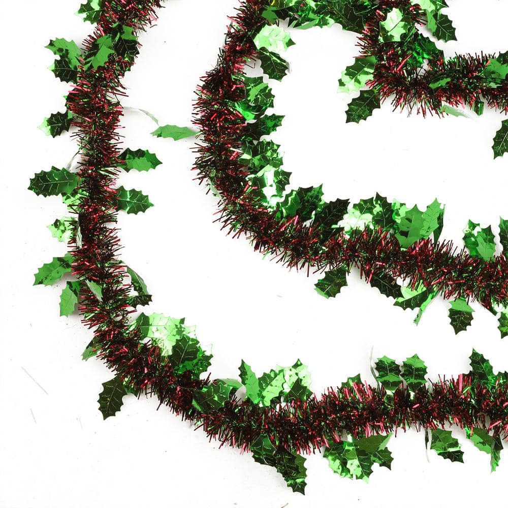 50 ft. 8 Ply Unlit Shiny Red and Green Christmas Tinsel Garland with Green Holly - Hercitys