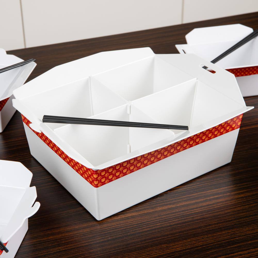 13 in. W x  5.5 in. H x 15 in. D Rectangle White Chinese Take Out Serving Set Divided Serving Tray Melamine Set of 5 - Hercitys