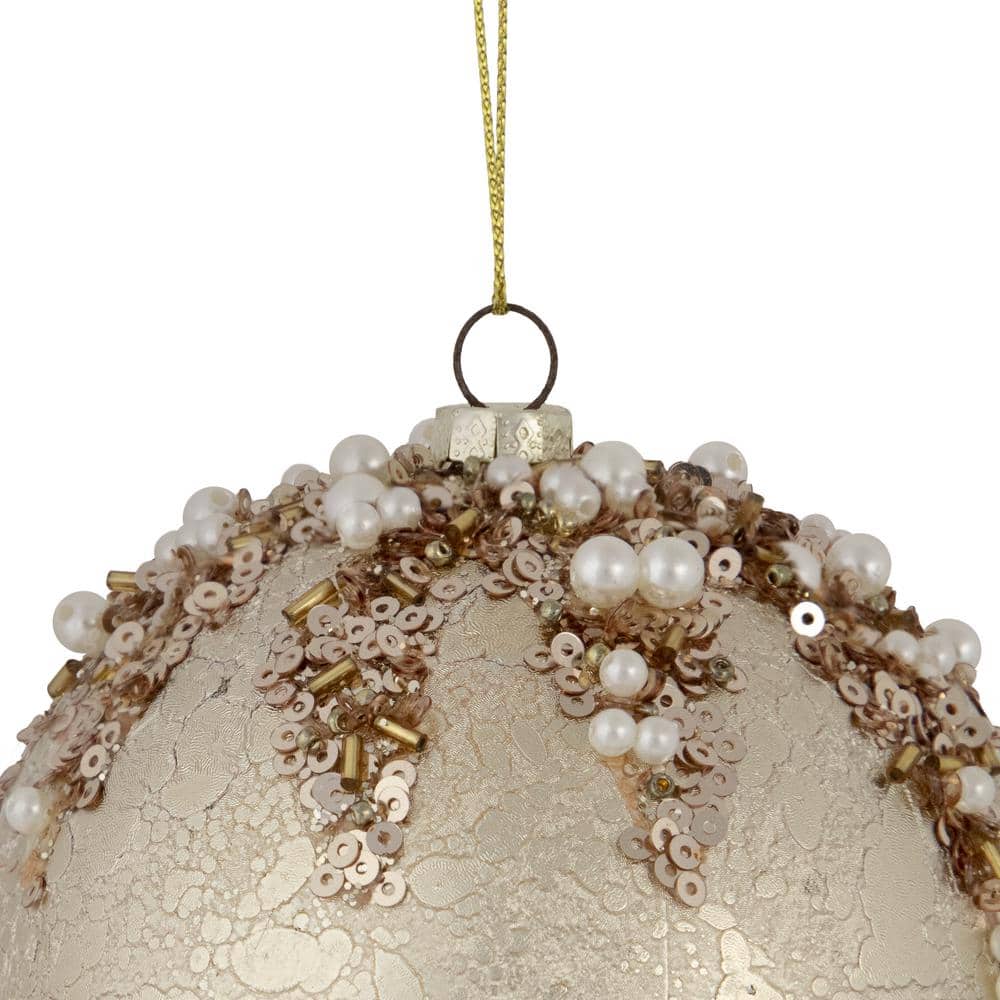 4 in. Gold Mercury Glass Style Shatterproof Christmas Ball Plastic Ornament with Beads - Hercitys