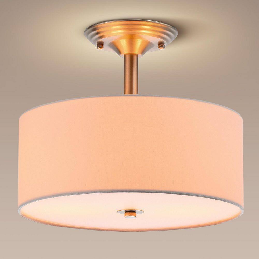 13 in. 2-Light Brushed Nickel Semi-Flush Mount Light with Fabric Drum Shade - Hercitys