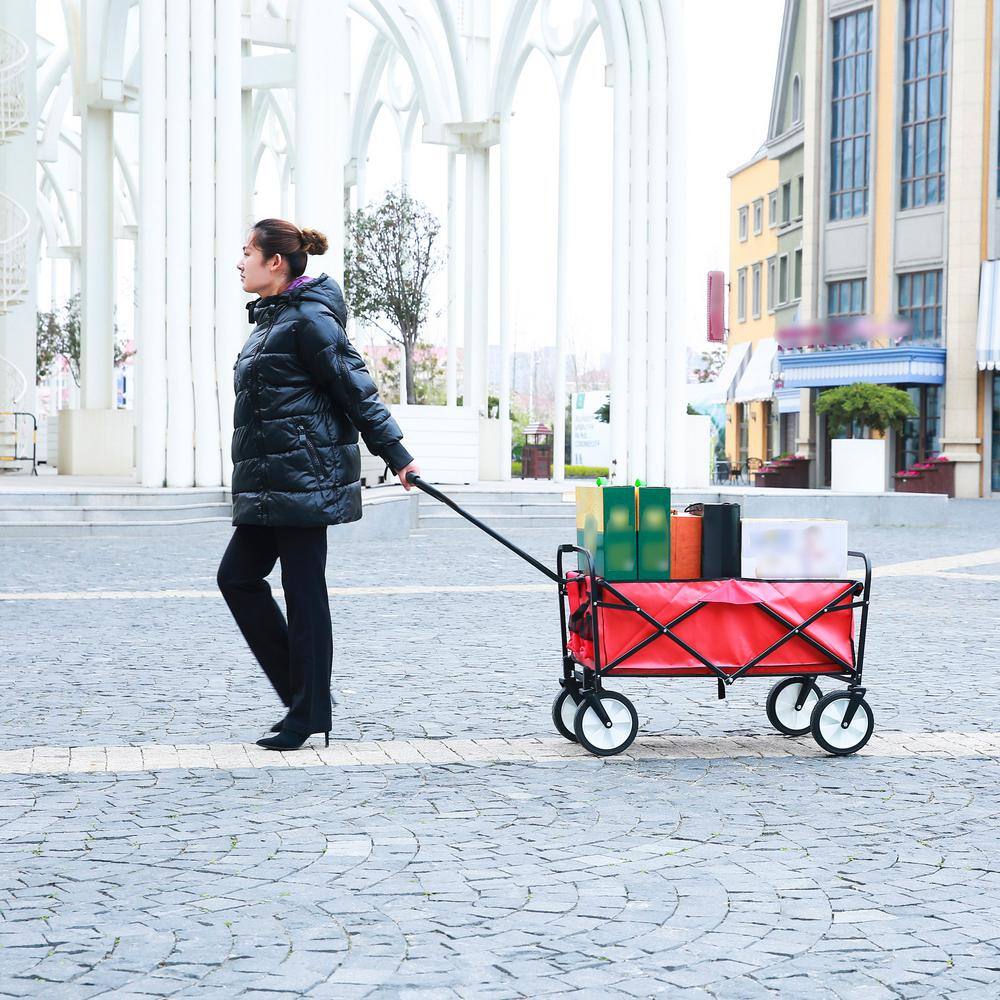 3.6 cu. ft. Metal Folding Wagon Garden Shopping Beach Cart Garden Cart in Red - Hercitys