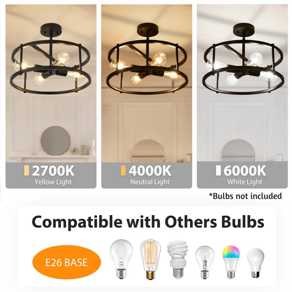 16.54 in. 4-Lights Farmhouse Matte Black Round Cage Industrial Semi-Flush Mount Ceiling Light - Hercitys