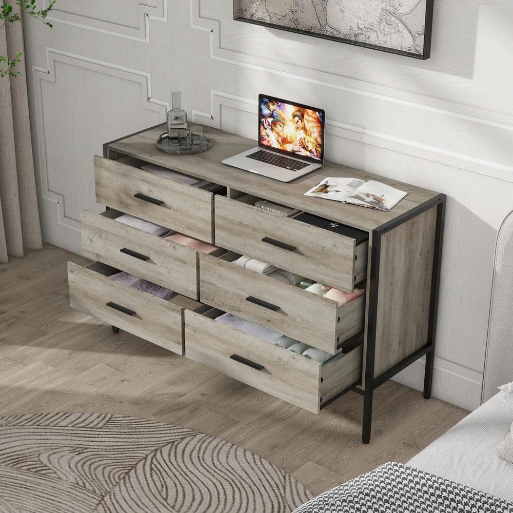 48.58 in. W Rustic Grey Wood Dresser: 6-Drawer Storage for Bedroom with Sturdy Steel Frame - Hercitys