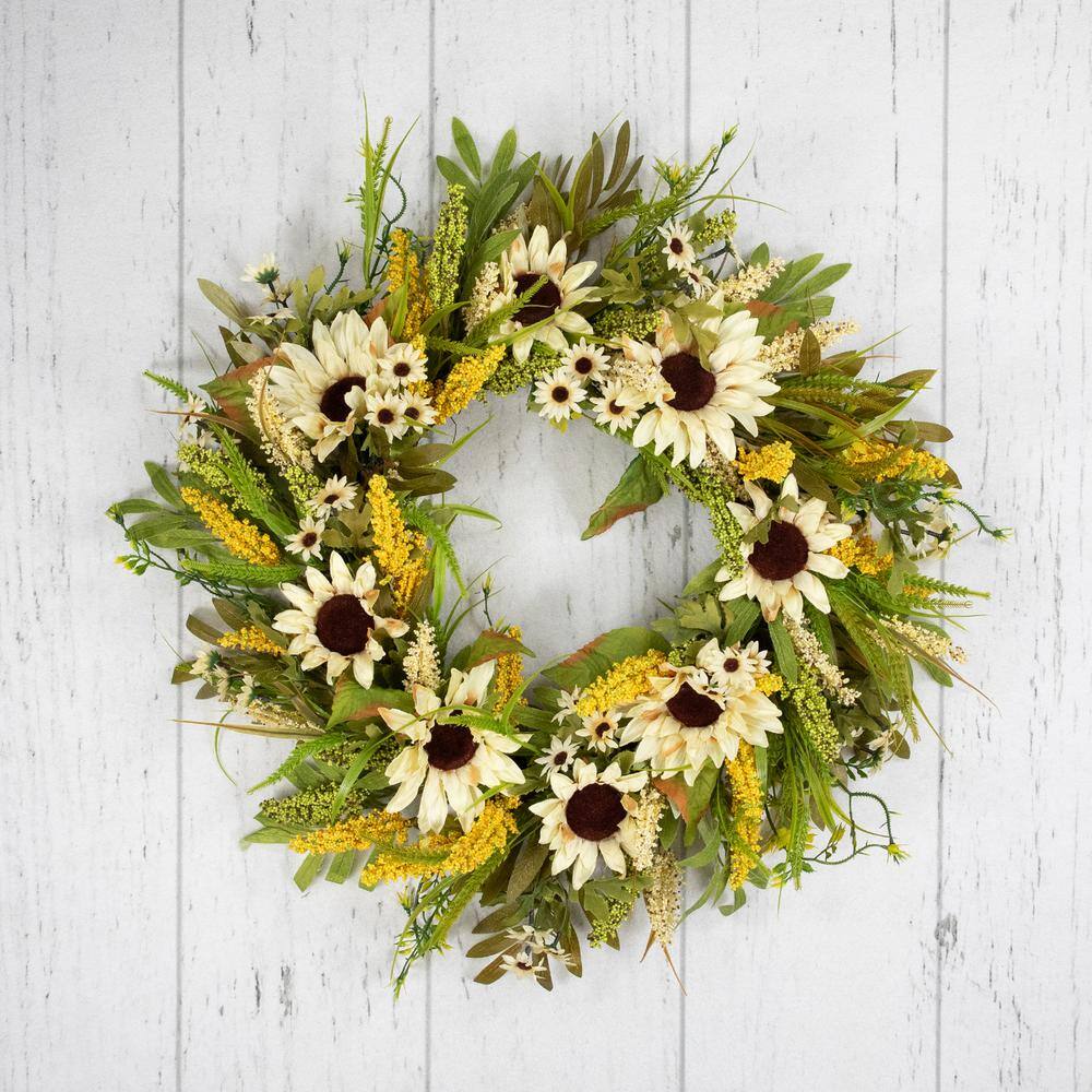 24 in. Beige Sunflowers Artificial Fall Harvest Wreath - Hercitys