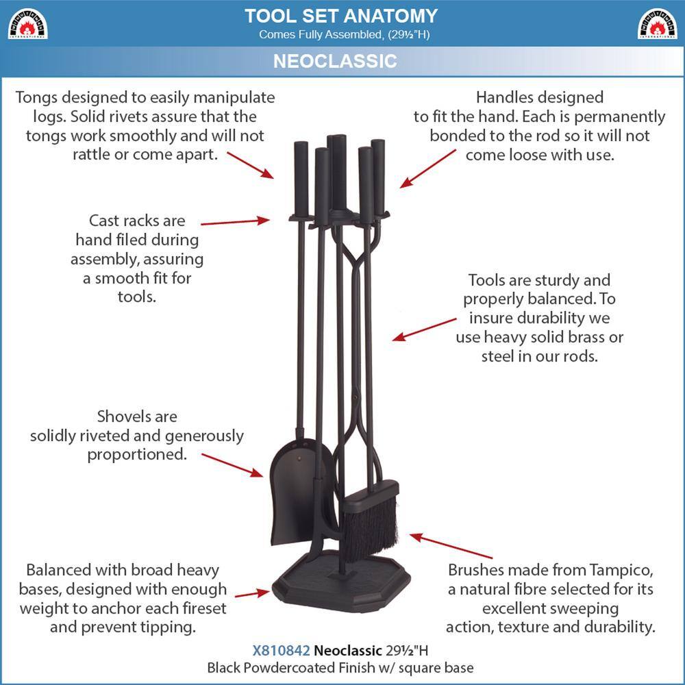 29.5 in. Tall 5-Piece Black Neoclassic Fireplace Tool Set with Square Base - Hercitys