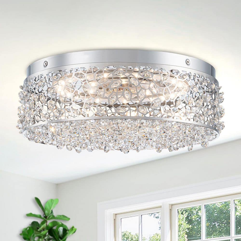 14.17 in. 20-Watt Modern Chrome Metal Round Integrated LED Flush Mount Ceiling Light with Beaded Drum Crystal Shade - Hercitys