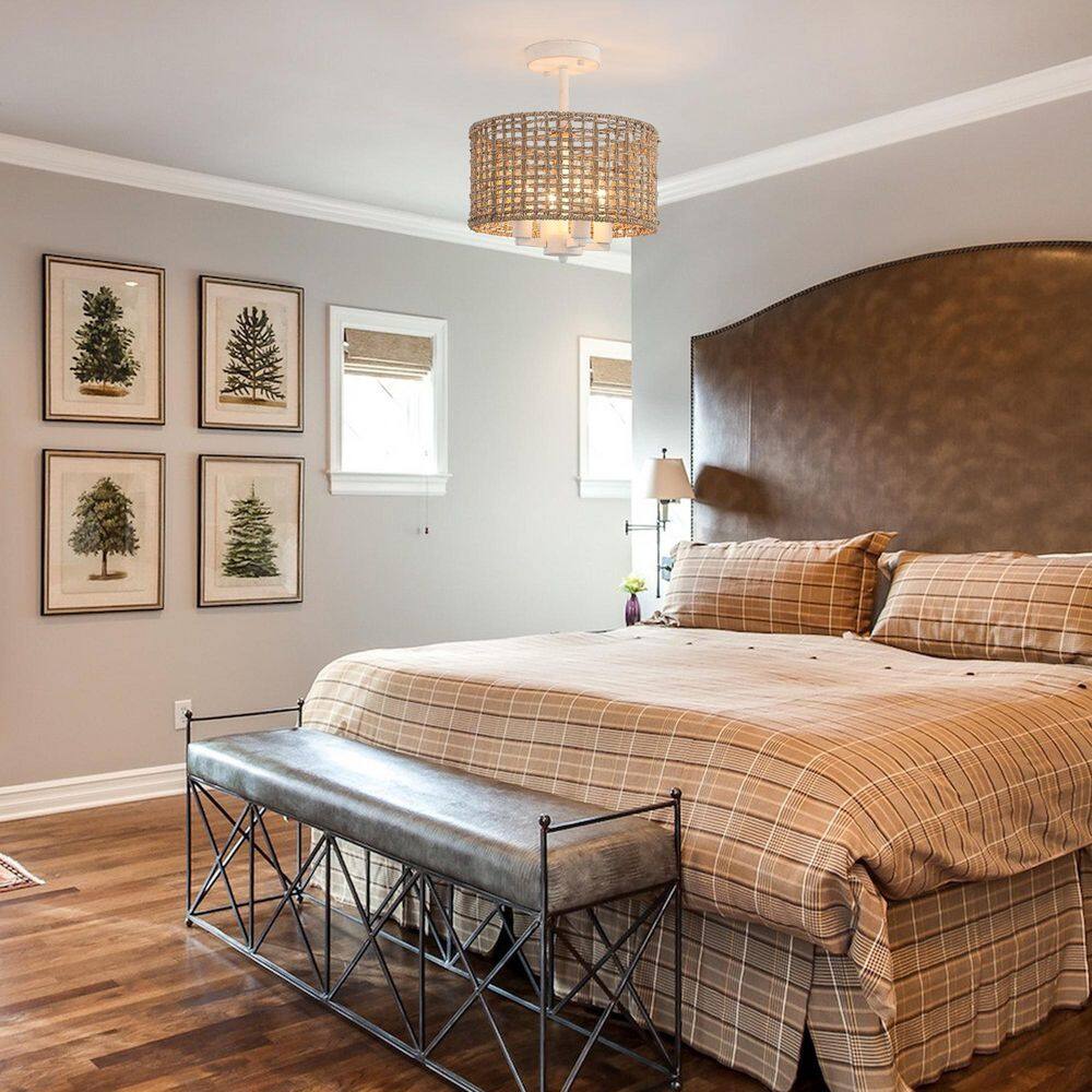 11.8 in. 4-Light Vintage White/Clay Brown Round Drum Semi-Flush Mount with Wicker Craft and No Bulbs Included - Hercitys