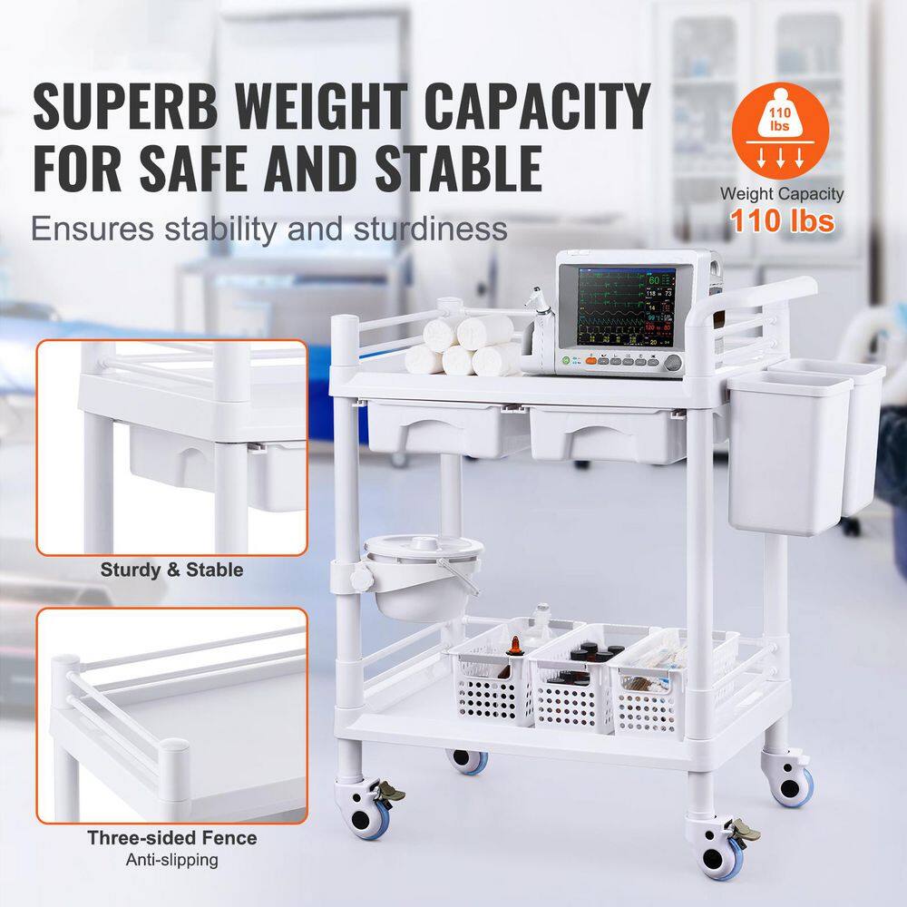 2 Tiers Lab Carts, Mobile Medical Cart with PP Material, 2 Drawers & 4 Silent Wheels, White Plastic Kitchen Cart - Hercitys