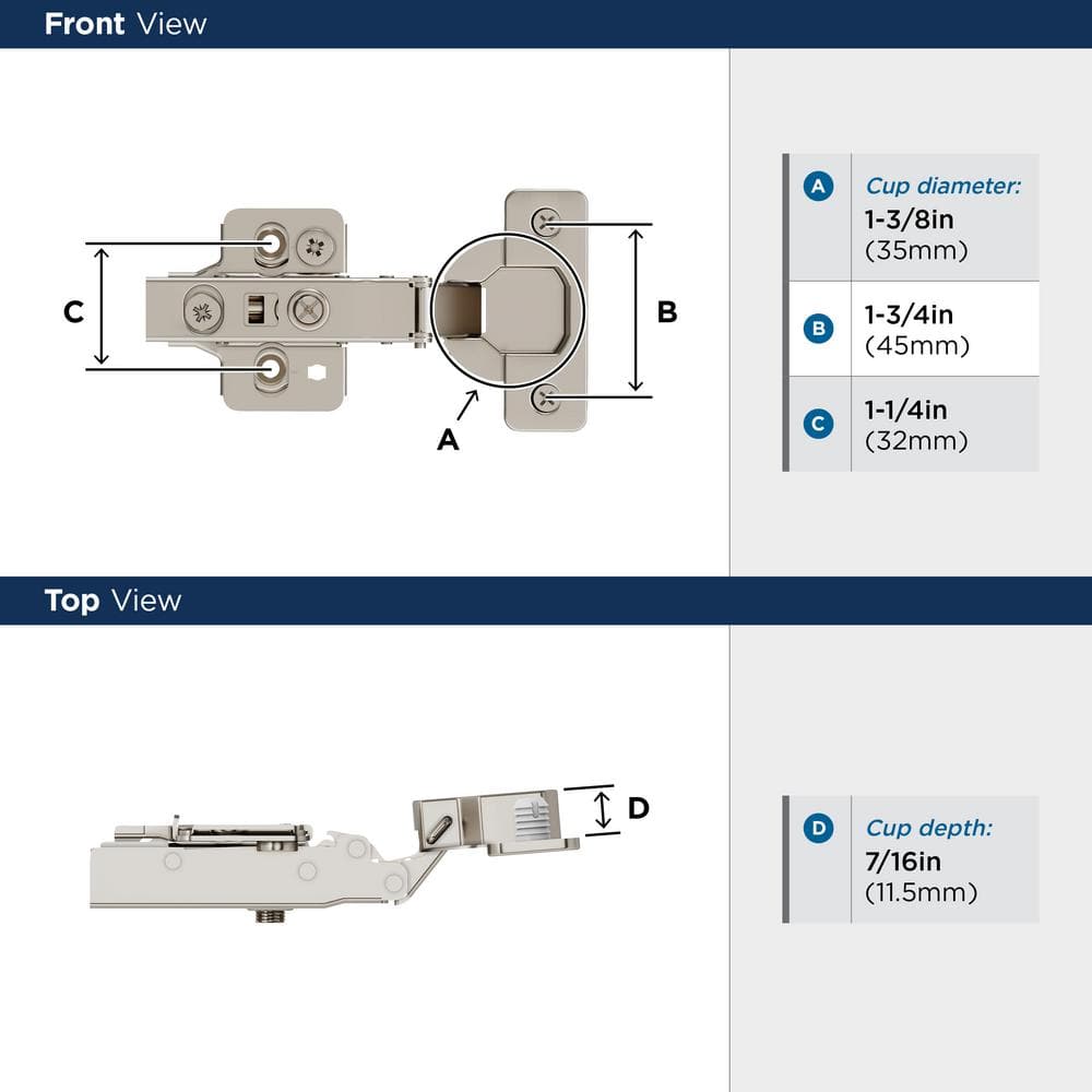 2-Pack Nickel Full Overlay Frameless Soft Close Euro Concealed Cabinet Hinges - Hercitys
