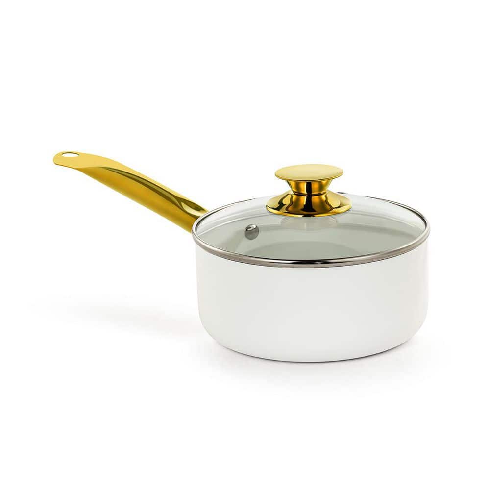 2.5 qt. Ceramic Nonstick Sauce Pan White and Gold - Hercitys