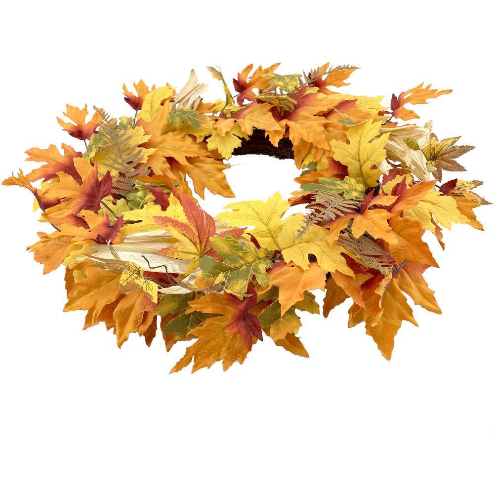 24 in. Fall Wreath with Maple, Oak Leaves and Corn Husks - Hercitys
