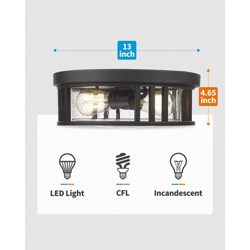 13 in. 2-Light Black Finish with Seeded Glass Flush Mount Ceiling Light - Hercitys