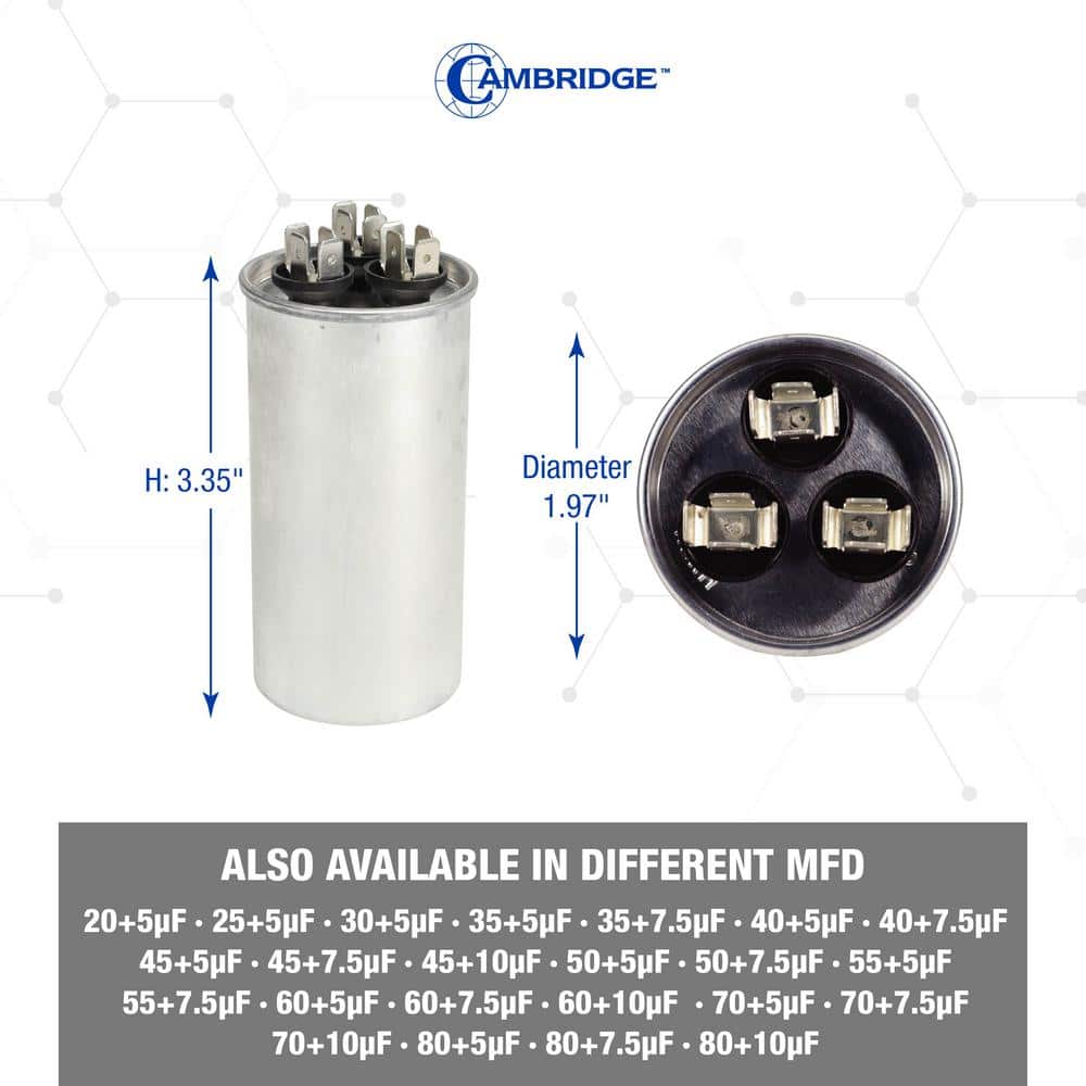 1.97 in. x 1.97 in. x 3.35 in. Aluminum 35 Plus 7.5 MFD, 440-Volt/370-Volt Dual Round Run Capacitor (1-Pack) - Hercitys