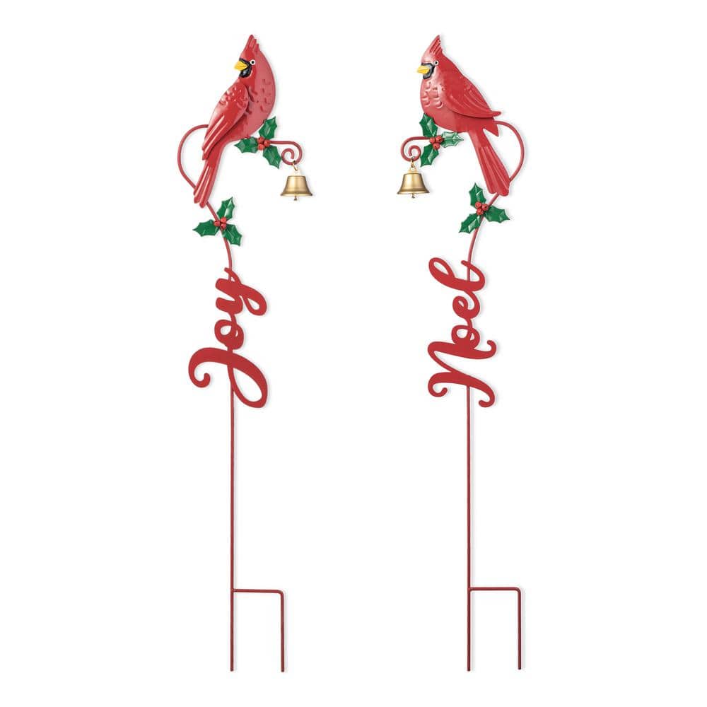 36 in. H Set of 2 Christmas Metal Cardinal JOY and NOEL with Bell Yard Stake or Wall Decor - Hercitys
