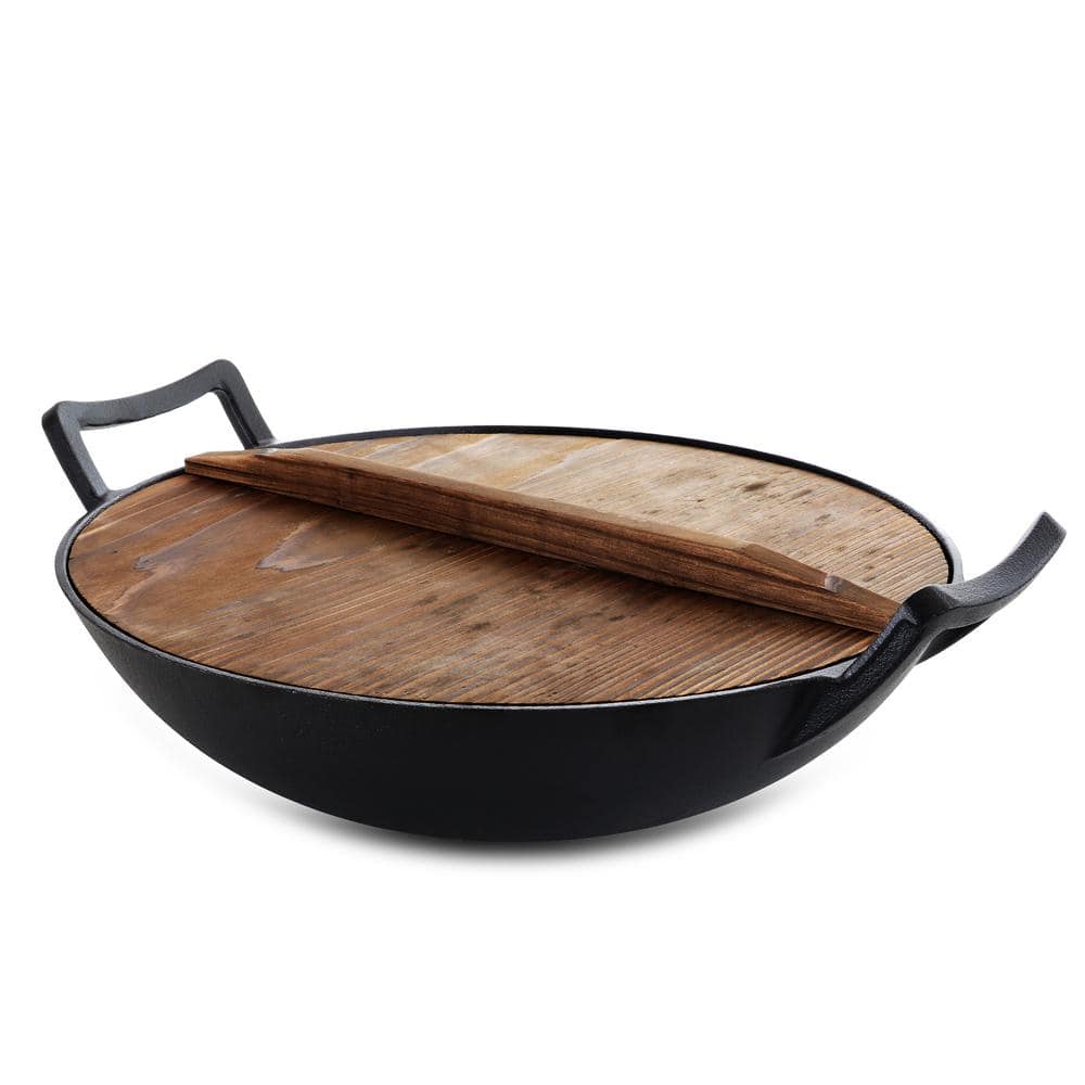 14 in. Heavy Duty Cast Iron Wok with Wood Lid - Hercitys