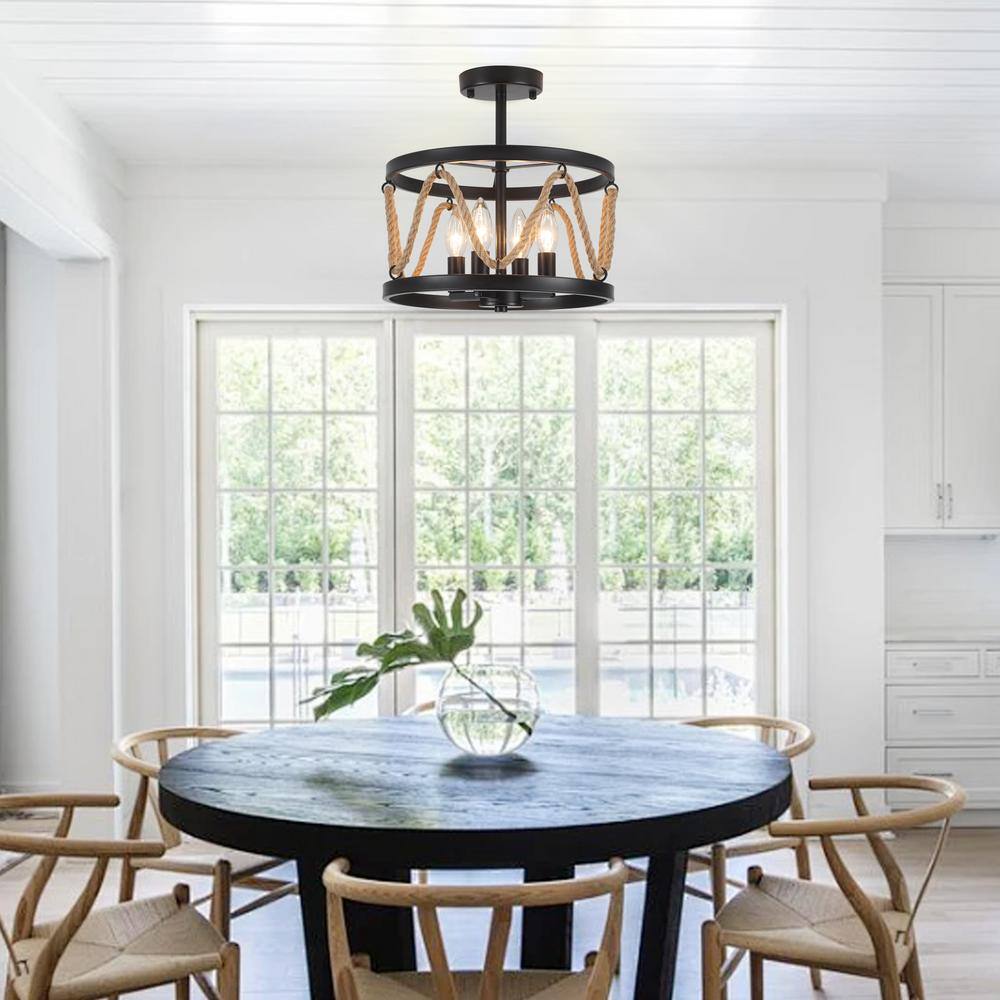 12.6 in. 4-Light Black Drum Metal Hemp Rope Candlestick Semi- Flush Mount Light with No Bulbs Included - Hercitys