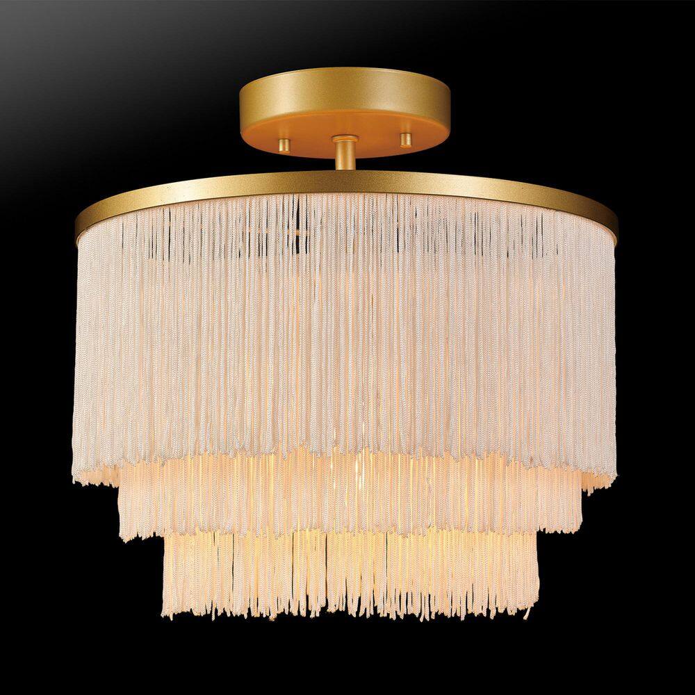 12 in. 1-Light Matte Gold Semi-Flush Mount Ceiling Light with White Fabric Fringe Shade - Hercitys