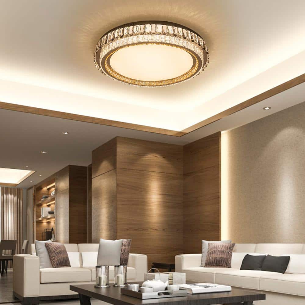 19.68 in. 1-Light Modern Crystal Silver 3-color Selectable LED Flush Mount Ceiling Light - Hercitys