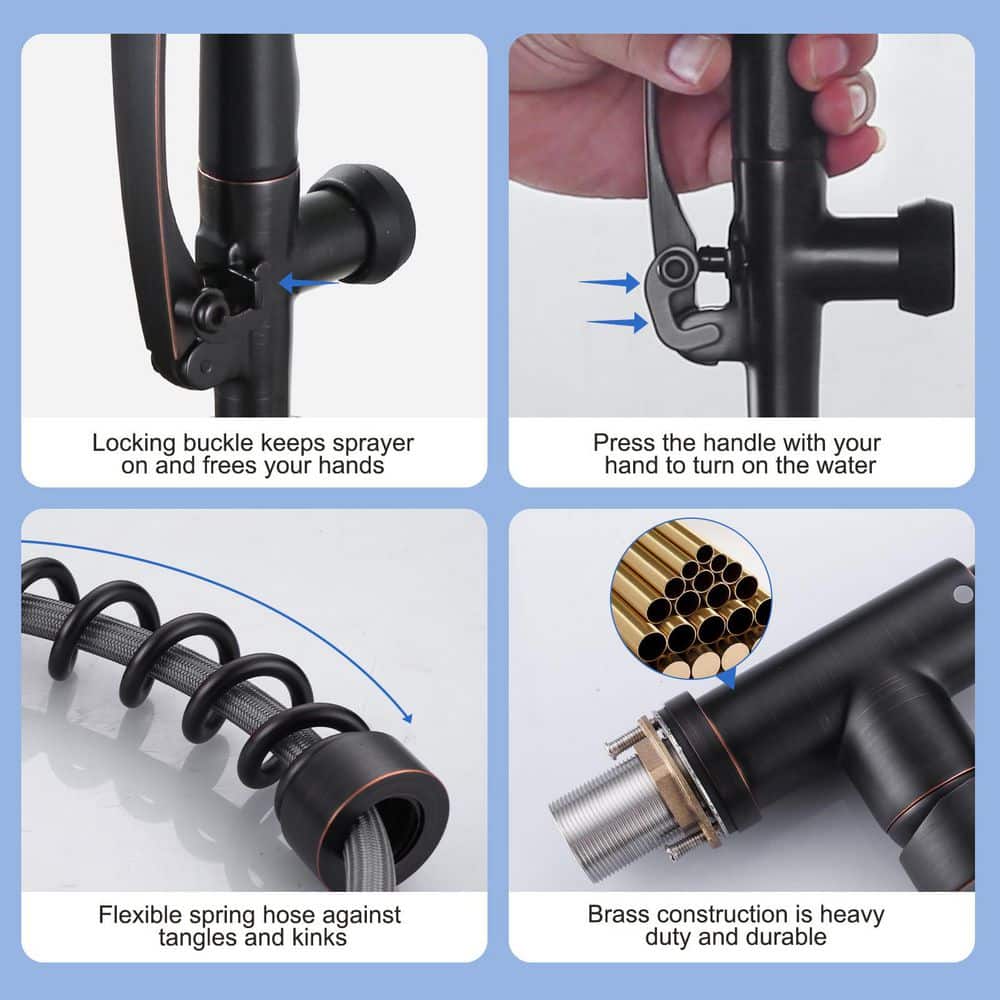 28.7 in. Single Handle Brass Pre-Rinse Spring Pull Down Sprayer Kitchen Faucet with 360° Swivel Pot Filler in Bronze - Hercitys