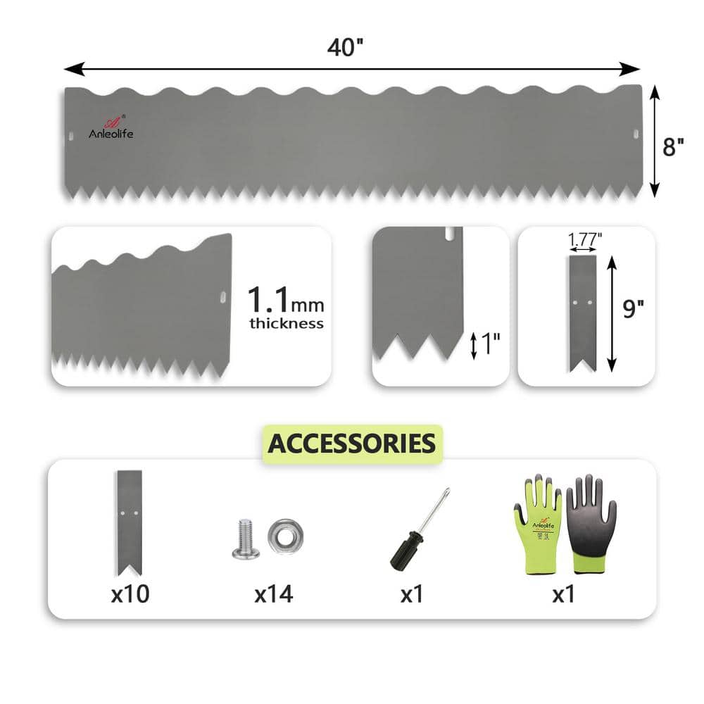 40 in. x 8 in. Galvanized Steel Garden Landscape Edging in Quartz Grey Lawn Border with Gloves and 10 Stakes (6-Pieces) - Hercitys