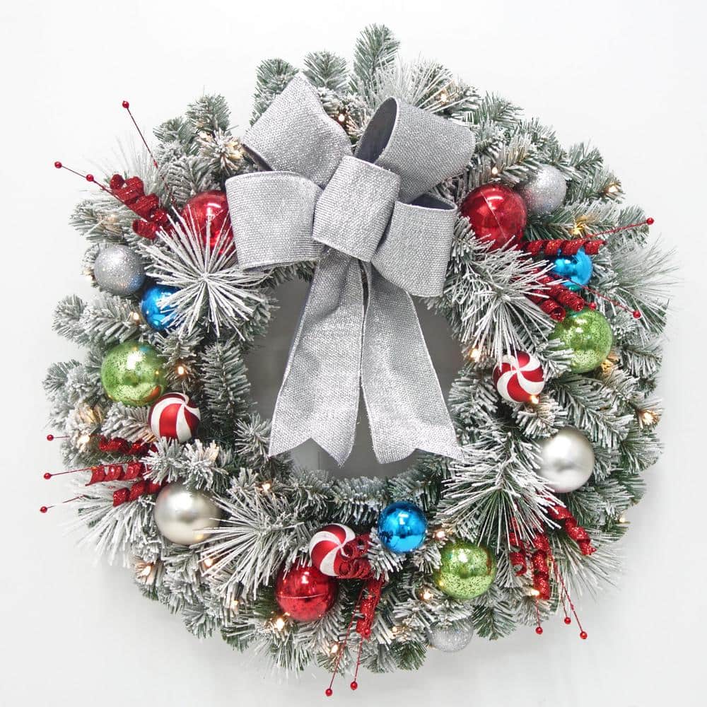 32 in. Pre-Lit LED Flocked Whimsical Artificial Christmas Wreath with 35-Lights - Hercitys