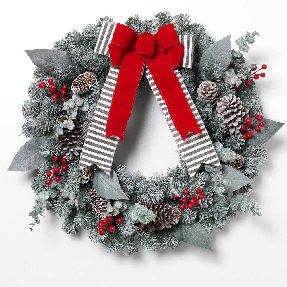 24 in. Snowy Pine Artificial Christmas Wreath with Red Berries Cone and Red Bow - Hercitys