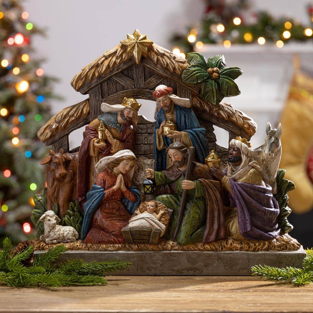 15.16 in. H B/O Christmas Lighted Resin Nativity Stable with Figurines - Hercitys