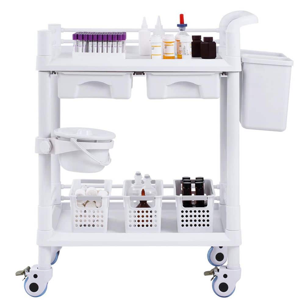 2 Tiers Lab Carts, Mobile Medical Cart with PP Material, 2 Drawers & 4 Silent Wheels, White Plastic Kitchen Cart - Hercitys