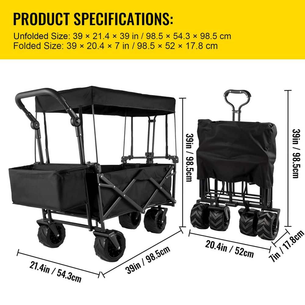 3 cu. ft. Steel Extra Large Collapsible Garden Cart with Removable Canopy, Folding Wagon Utility Carts with Wheels - Hercitys