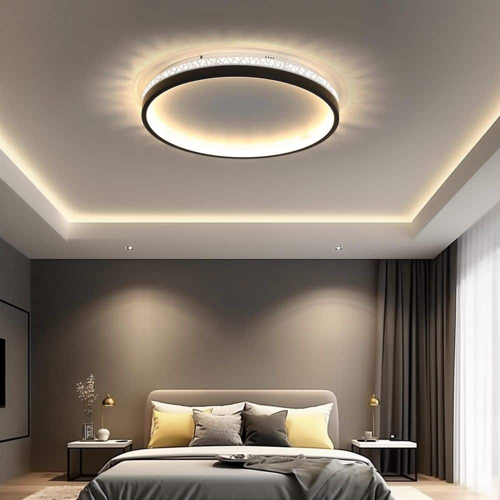 16 in. Modern Black Dimmable Integrated LED Flush Mount Ceiling Light Fixtures Bird Nest Trim with Remote for Bedroom - Hercitys