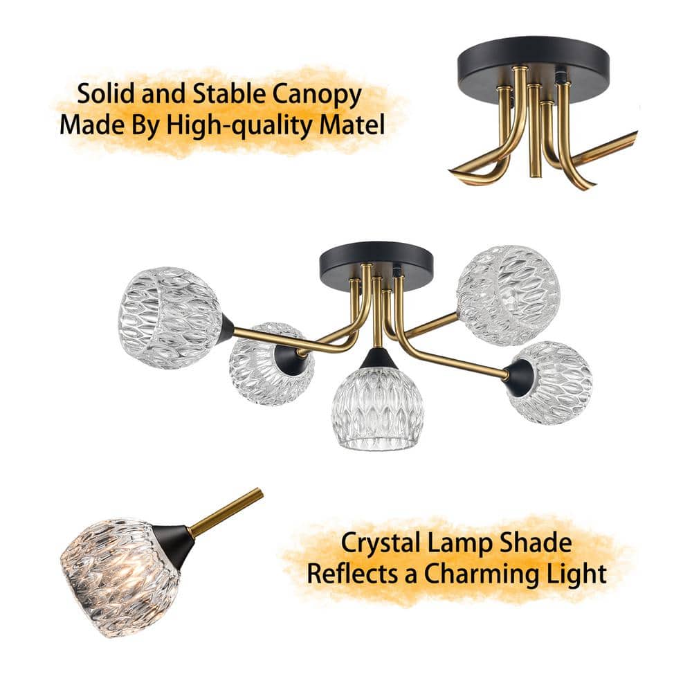 20.1 in. 5-Light Gold Modern Semi-Flush Mount with Crystal Shade and No Bulbs Included 1-Pack - Hercitys