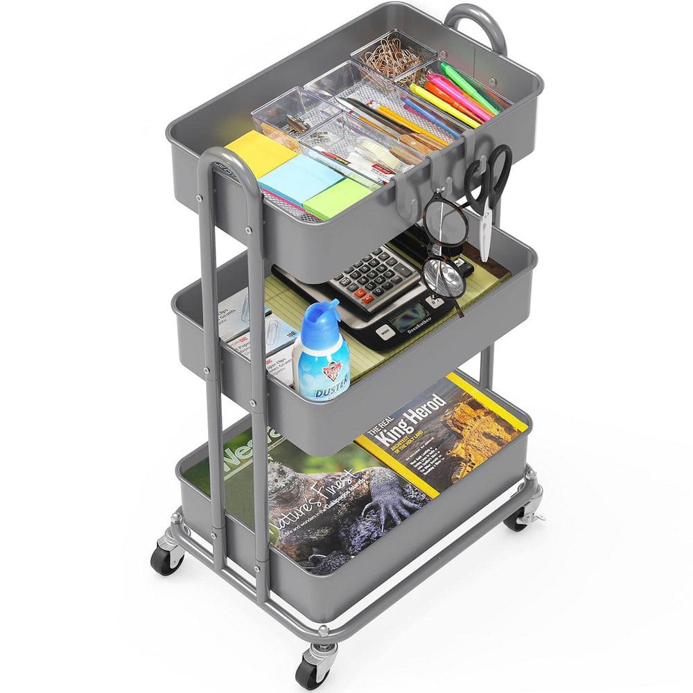 3-Tier Metal -Wheeled Utility Cart in Silver - Hercitys