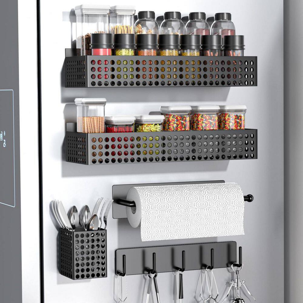 5-Piece Black Magnetic Spice Rack Set with Paper Towel Holder, Utensil Holder and Hook Rack - Hercitys