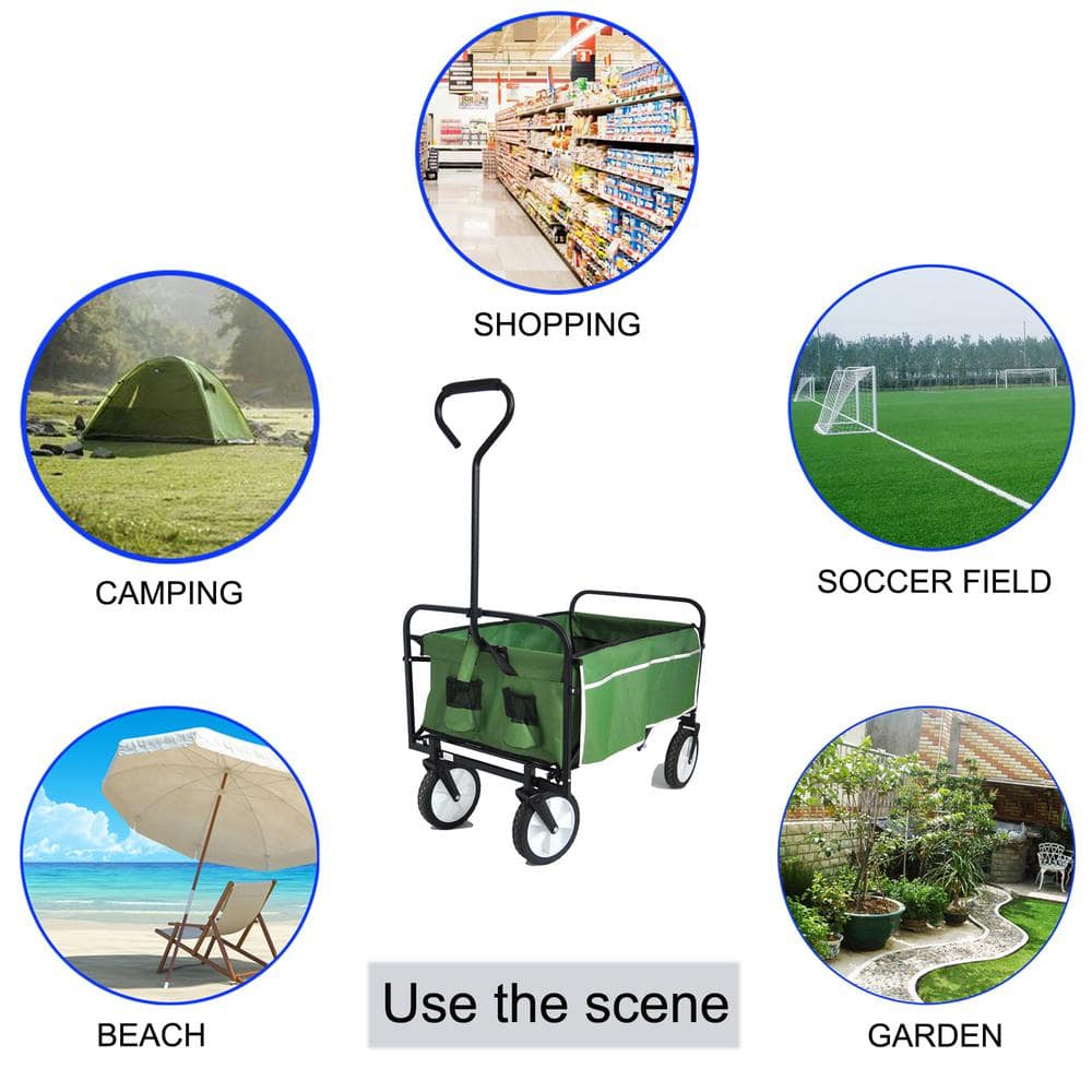 3.44 cu. ft. Grass Green Metal Folding Garden Cart with Side Pockets, Reflection Belt and Adjustable Handles - Hercitys