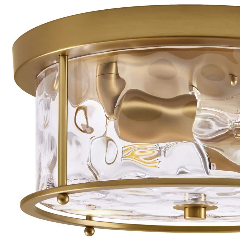 12.5 in. 2-Light Gold Flush Mount Water Ripple Glass Ceiling Light with Metal Frame - Hercitys