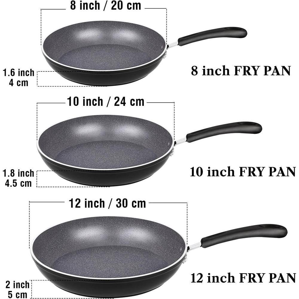 3-Pieces Frying Saute Pan Set with Non-stick Coating and Induction Compatible Bottom, 8 in. /10 in. /12 in. , Black - Hercitys