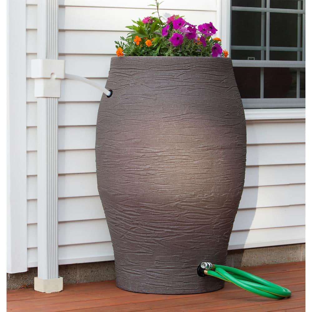50 Gal. Earth Brown Water Urn Flat-Back Rain Barrel with Integrated Planter and Diverter Kit - Hercitys
