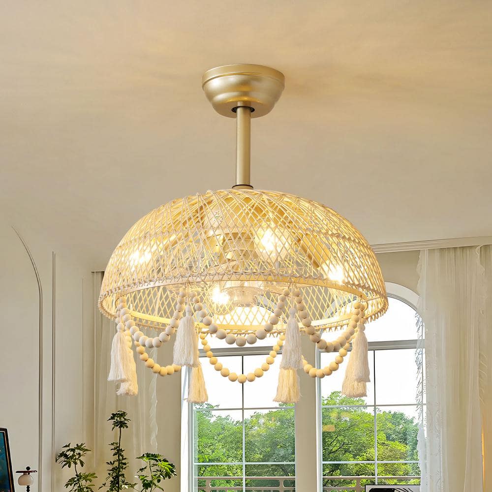 19 in. Indoor Rattan Woven Boho Gold Caged Fandelier Ceiling Fan with Light and Remote Control 6-Speed Reversible Motor - Hercitys