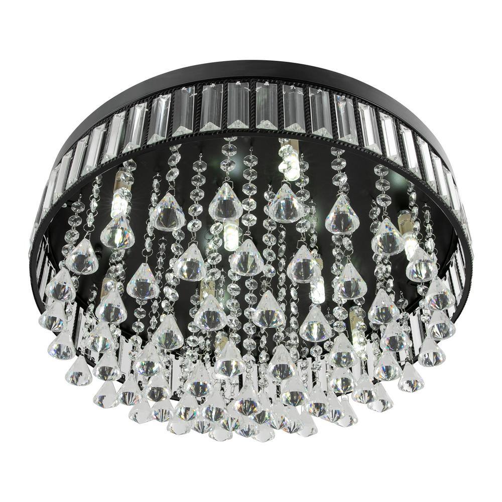 19.68 in. 9-Light Black Modern Round Flush Mount Ceiling Light with Clear Crystal Shade and No Bulbs Included - Hercitys