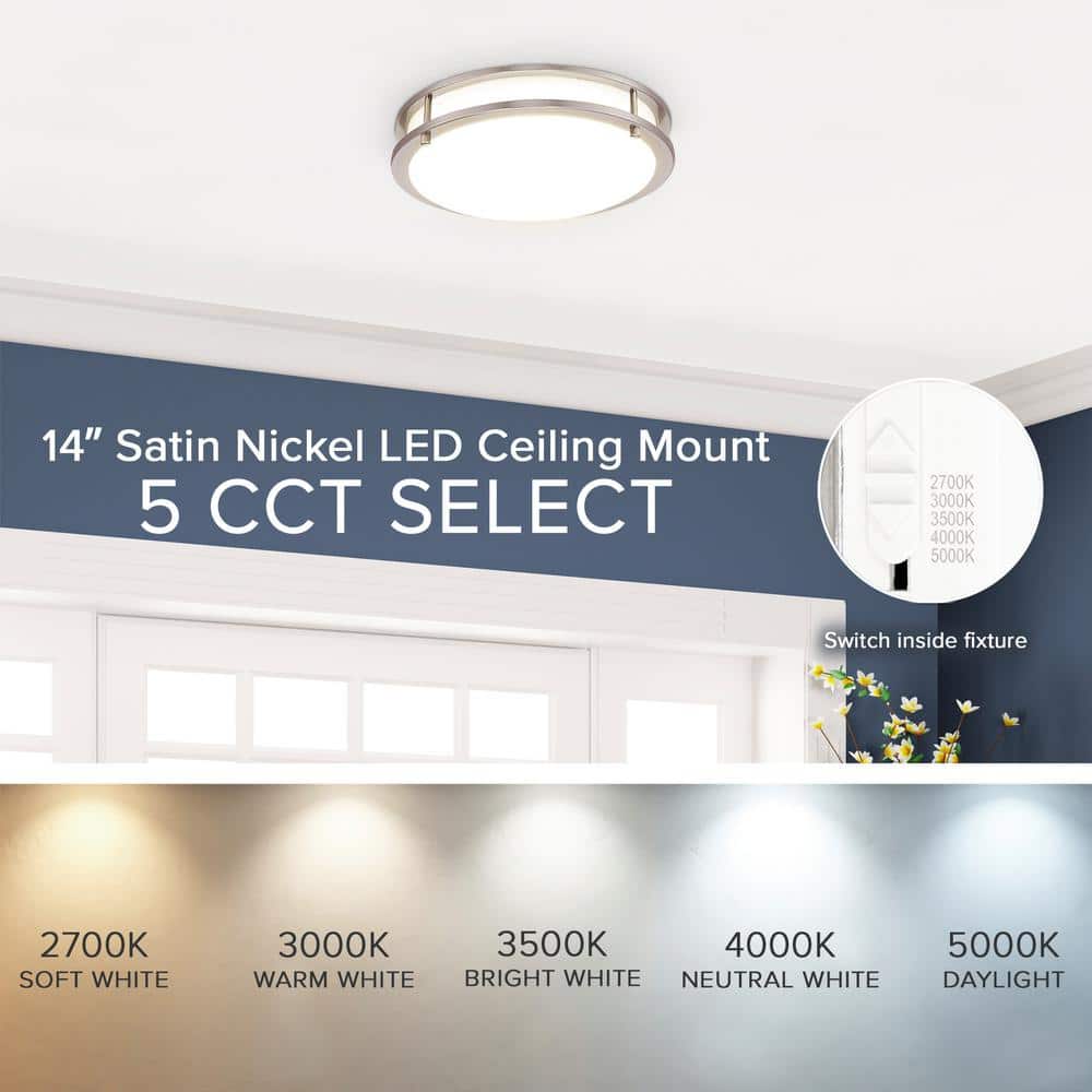 14 in. Satin Nickel LED Ceiling Mount Fixture, 5 CCT 2700K-5000K, 2100 Lumens, Dimmable - Hercitys