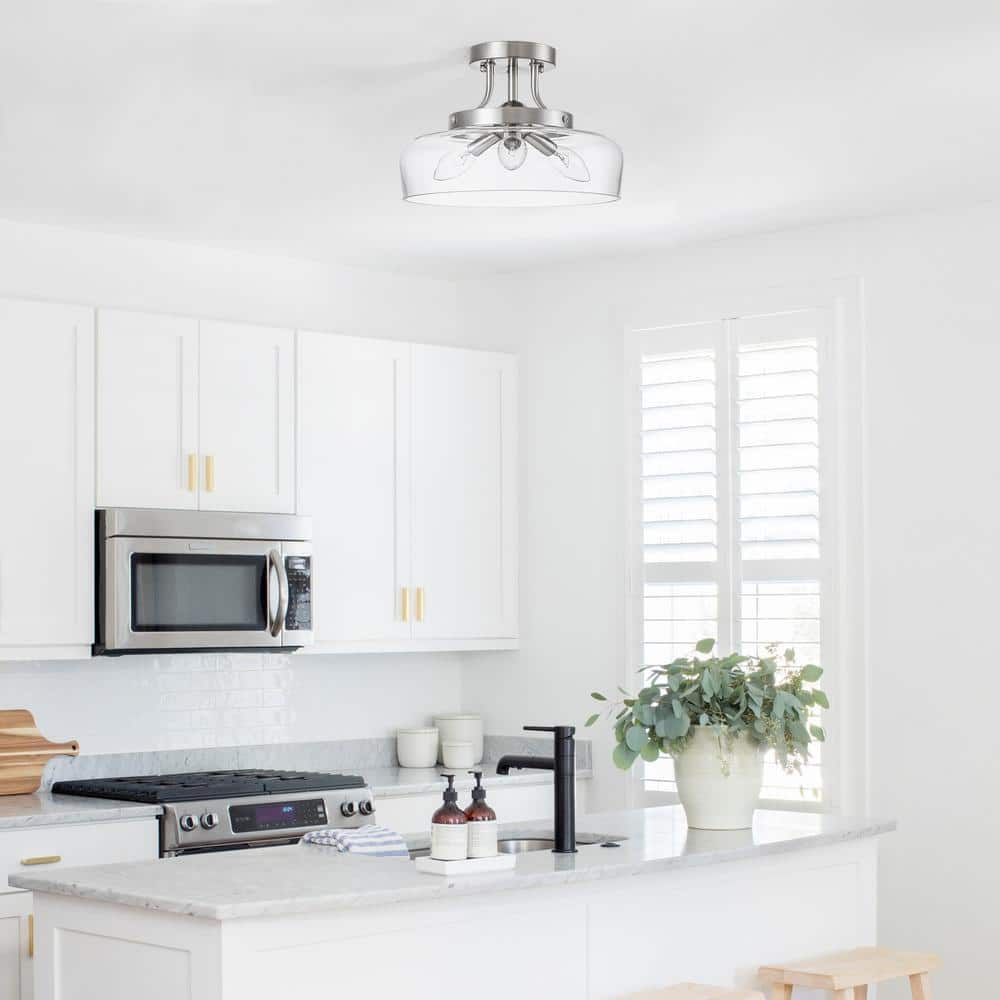 11 in. 3-Light Satin Nickel Transitional Semi-Flush Mount with Clear Glass Shade and No Bulbs Included - Hercitys