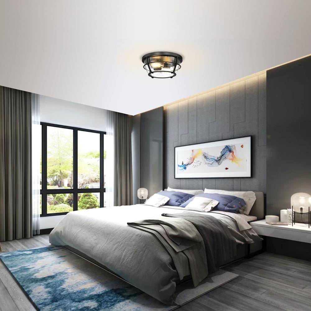 12.8 in. 2-Light Matte Black Barreled Cage Flush Mount Ceiling Light - Hercitys