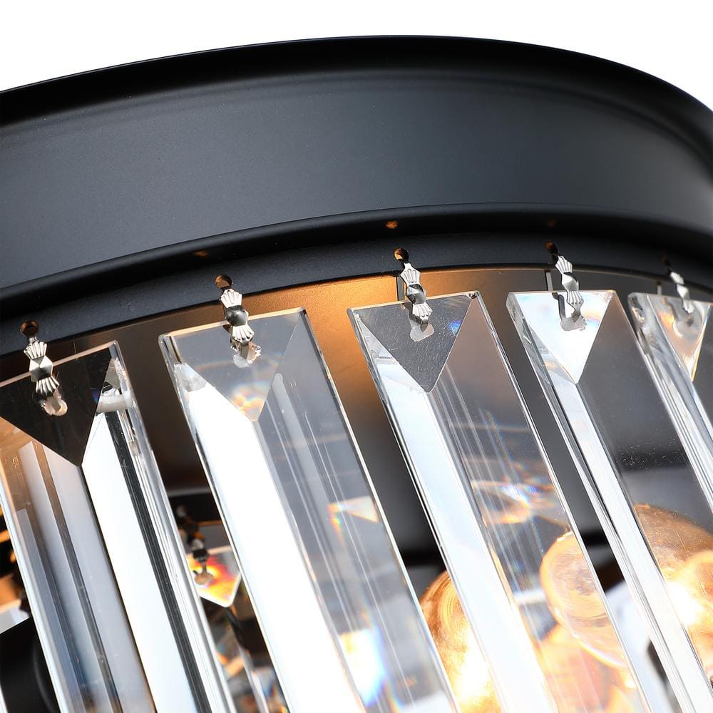 12 in. 3-Light Modern Black Round Flush Mount Ceiling Light with 2 Tiers Clear Crystal Shades - Hercitys