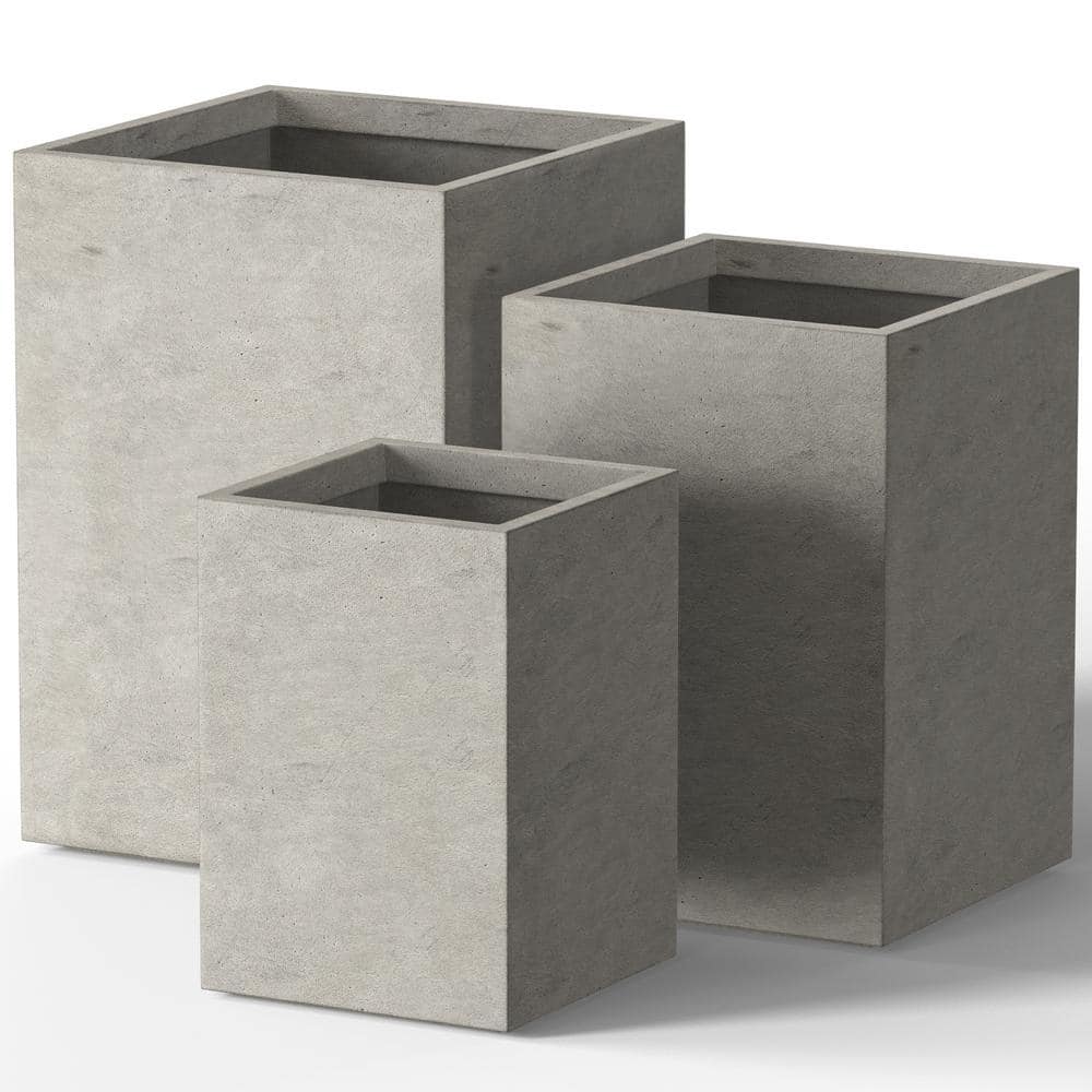12.5″, 16″, 18.5″ H Lightweight Concrete Planters, Square Plant Pots with Drainage Hole for Indoor/Outdoor, Weathered - Hercitys