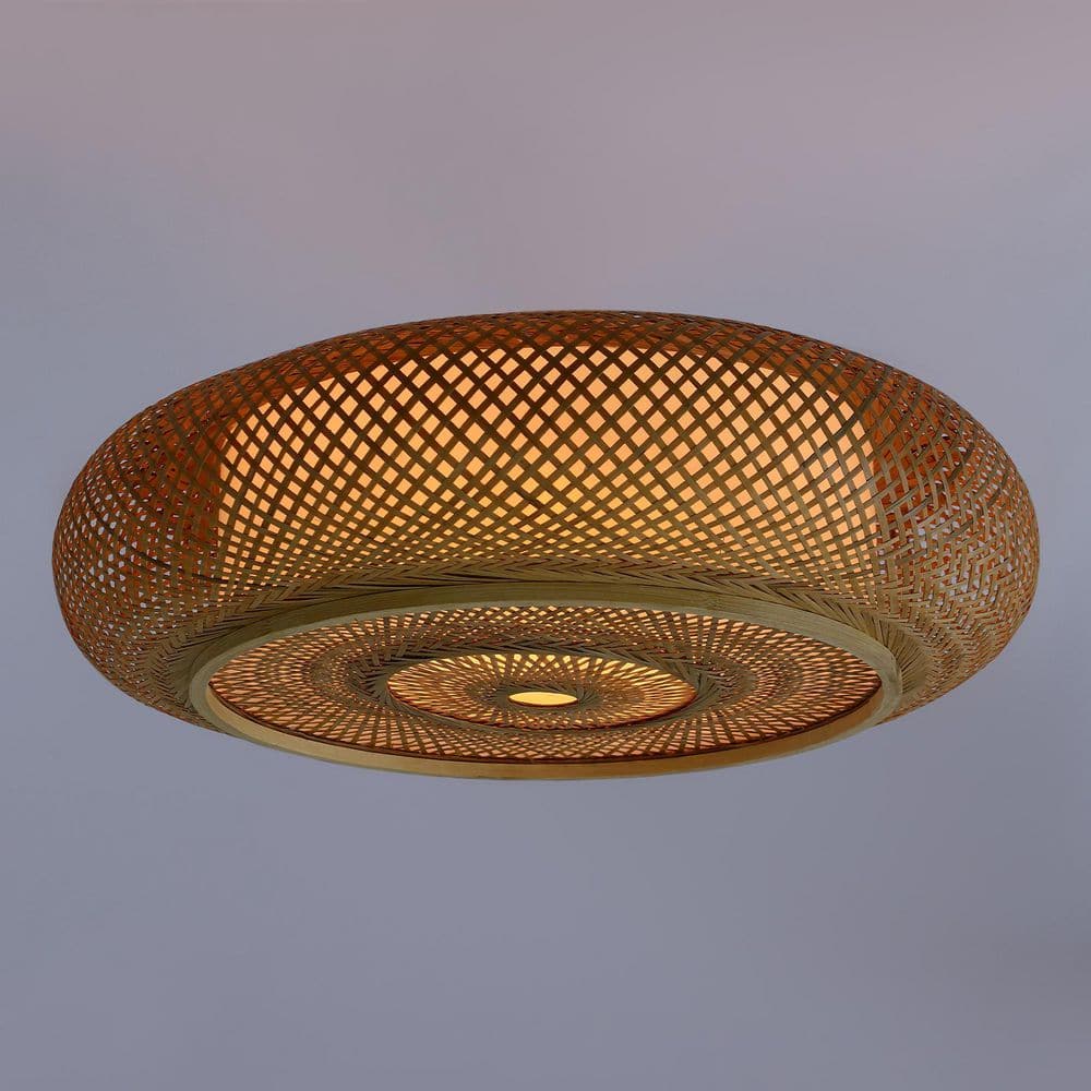 23.6 in. 3-Light Yellow Rural Round Semi-Flush Mount Ceiling Light with Rattan Shade and No Bulbs Included - Hercitys